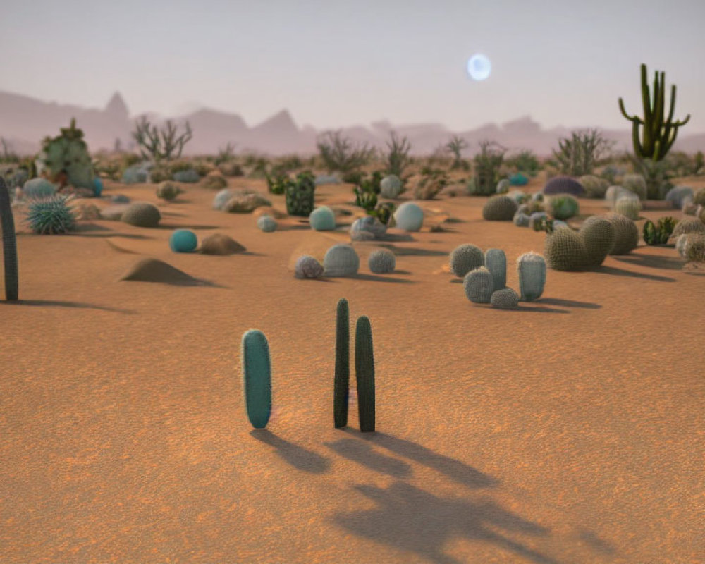 Dusk desert landscape with cacti and pale blue moon