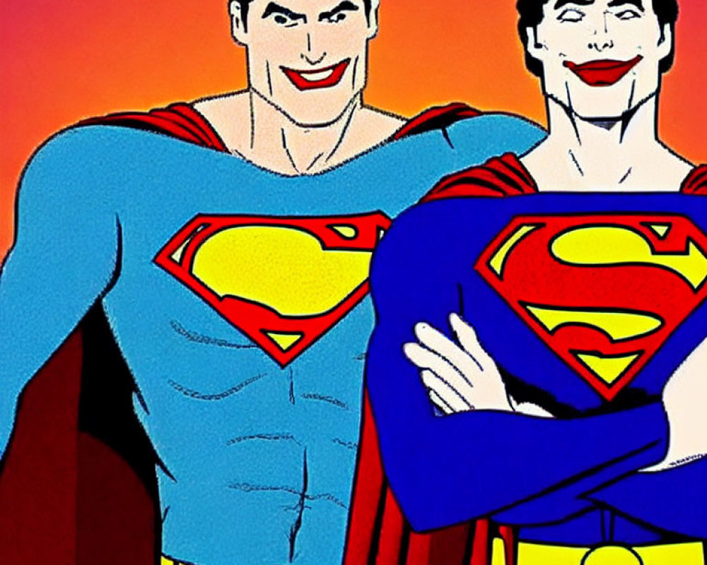 Dual Smiling Supermen with Red Capes on Colorful Background