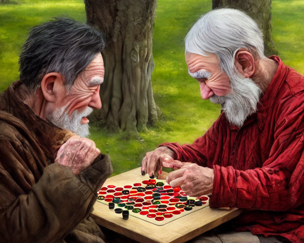 Elderly Men Playing Strategic Board Game in Serene Park
