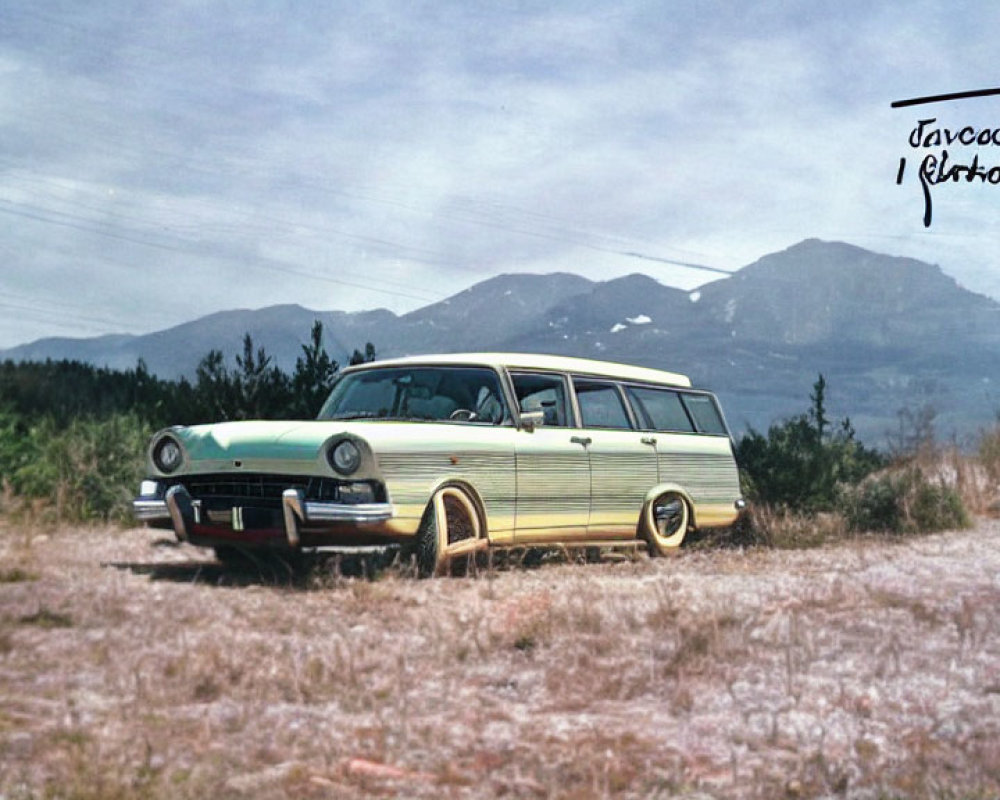 Classic Green Station Wagon in Field with Mountain Background