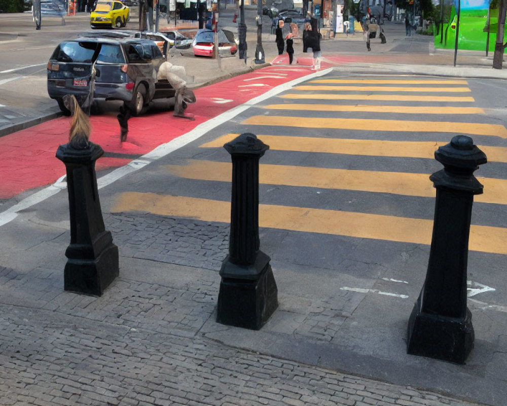 Urban Crosswalk Scene with Pedestrians and Ornamental Posts
