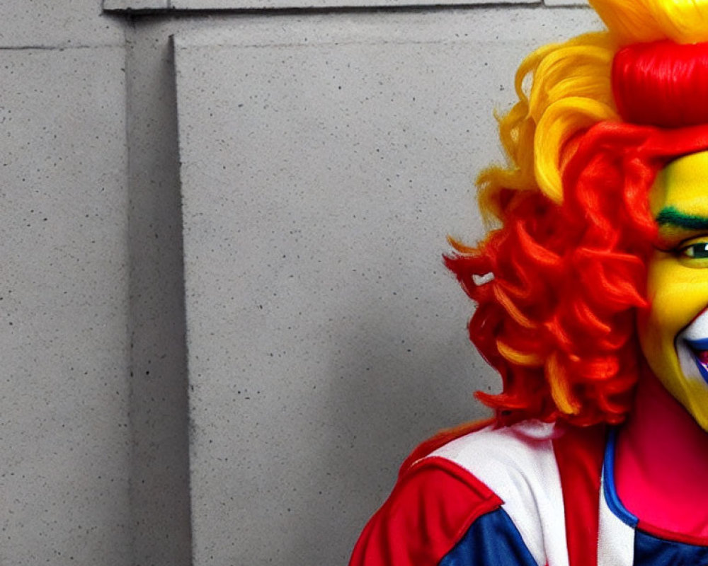 Colorful clown costume with red, yellow, and blue hair against gray concrete wall