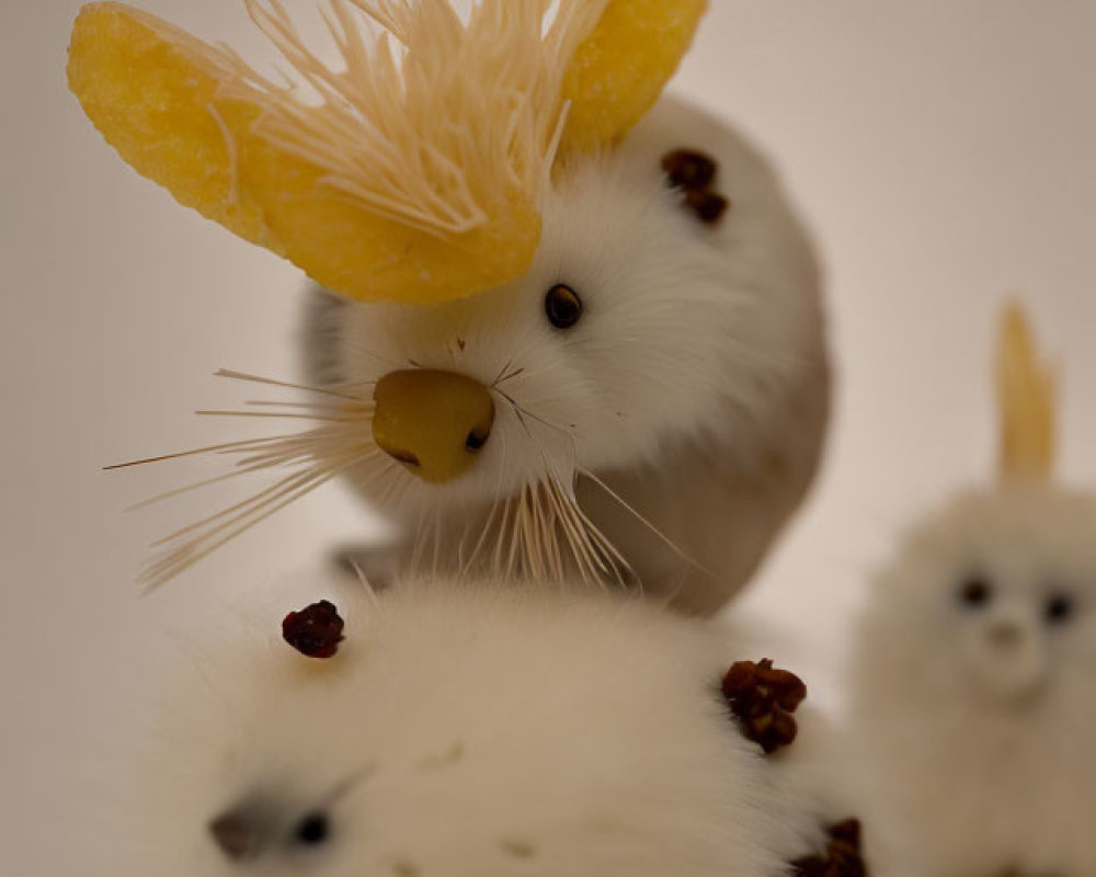 Fluffy toy bunnies with dried fruit decorations on beige background