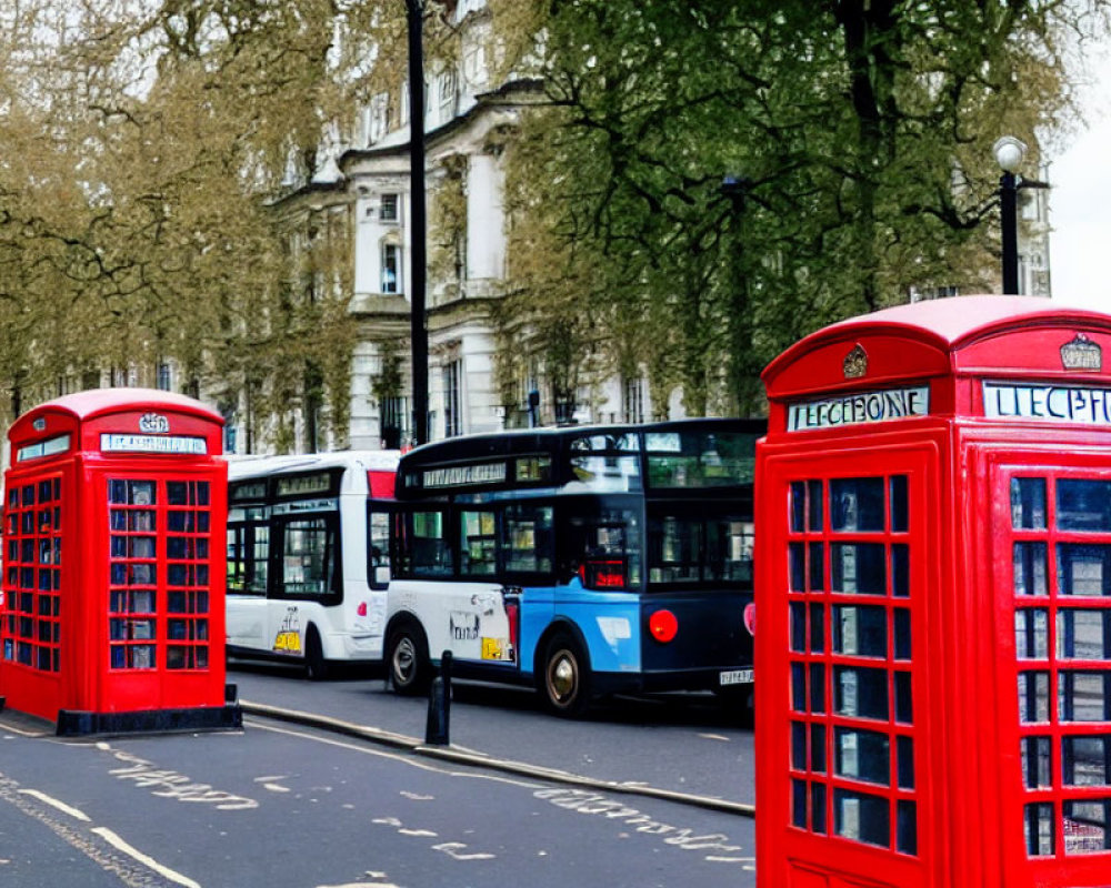 London street scene with red telephone boxes and double-decker bus