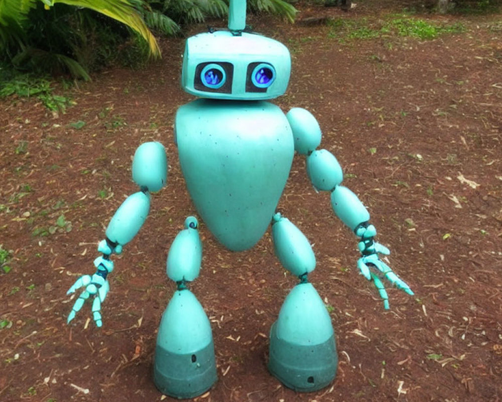 Turquoise humanoid robot sculpture with large eyes and articulated limbs in garden setting
