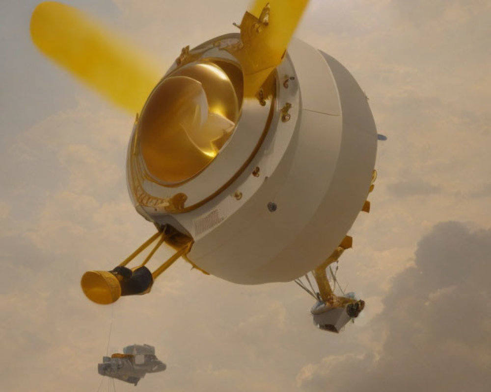 Fantastical airship with submarine-like design in cloudy sky