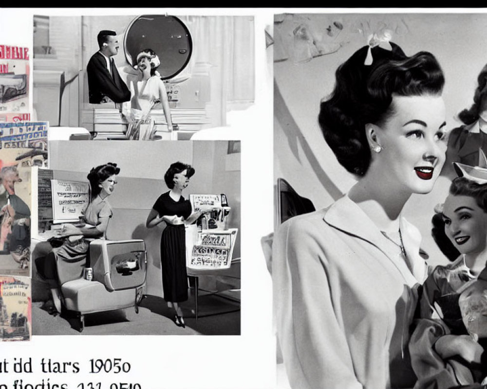 Vintage Black and White 1950s Woman Collage with TV Set, Protest Signs, and Ex