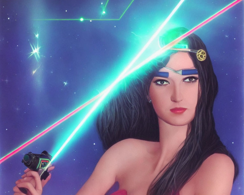 Stylized cosmic woman with laser beams and futuristic gun