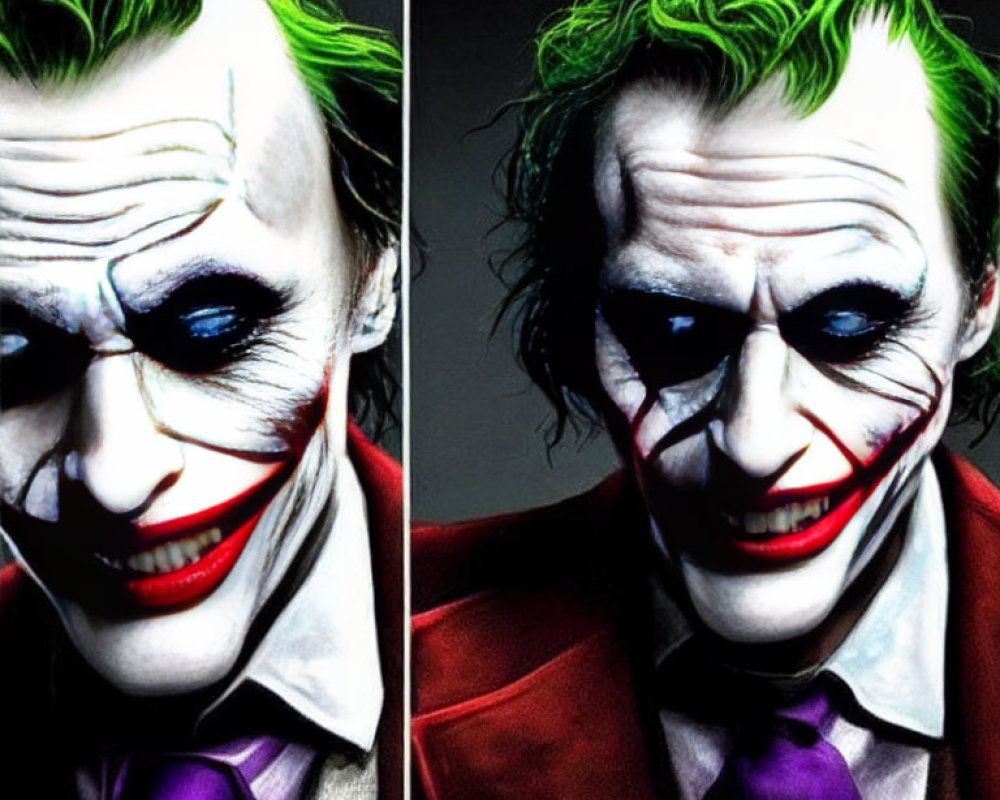 Split image of person with Joker makeup: colorful vs. desaturated portrayal