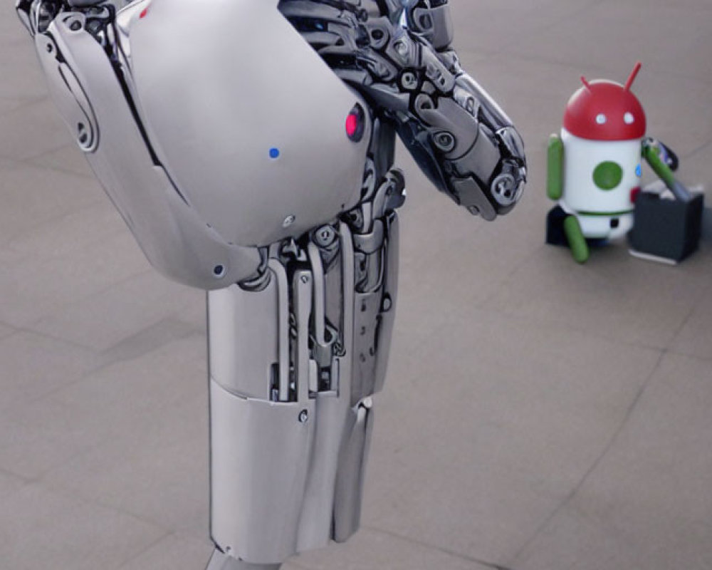 Futuristic robotic humanoid head with intricate mechanical parts and green Android mascot in modern setting