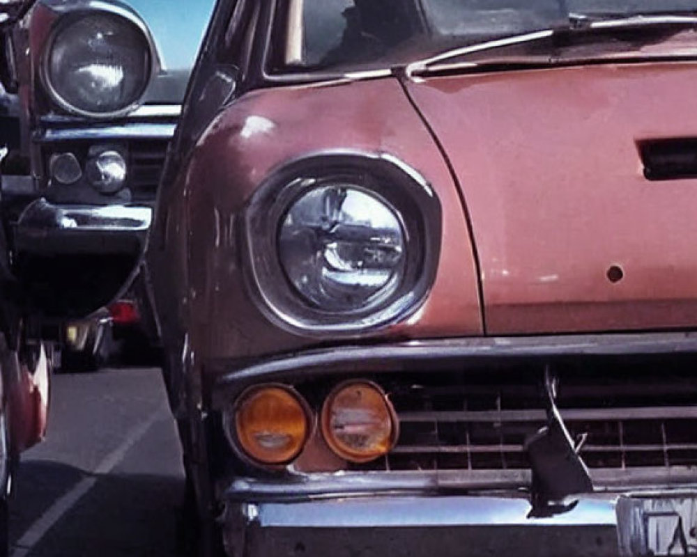 Classic Cars Displayed with Pink Car's Front Grille and Headlights