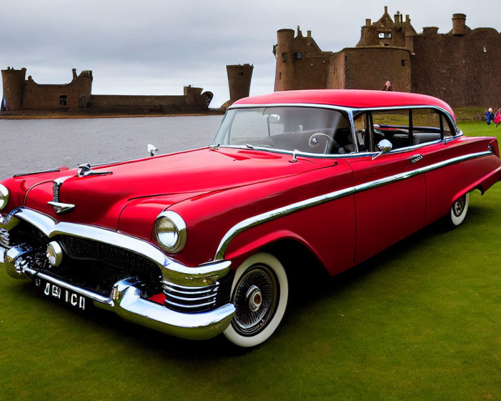 Vintage Red and White Car with Historic Castle and Overcast Sky