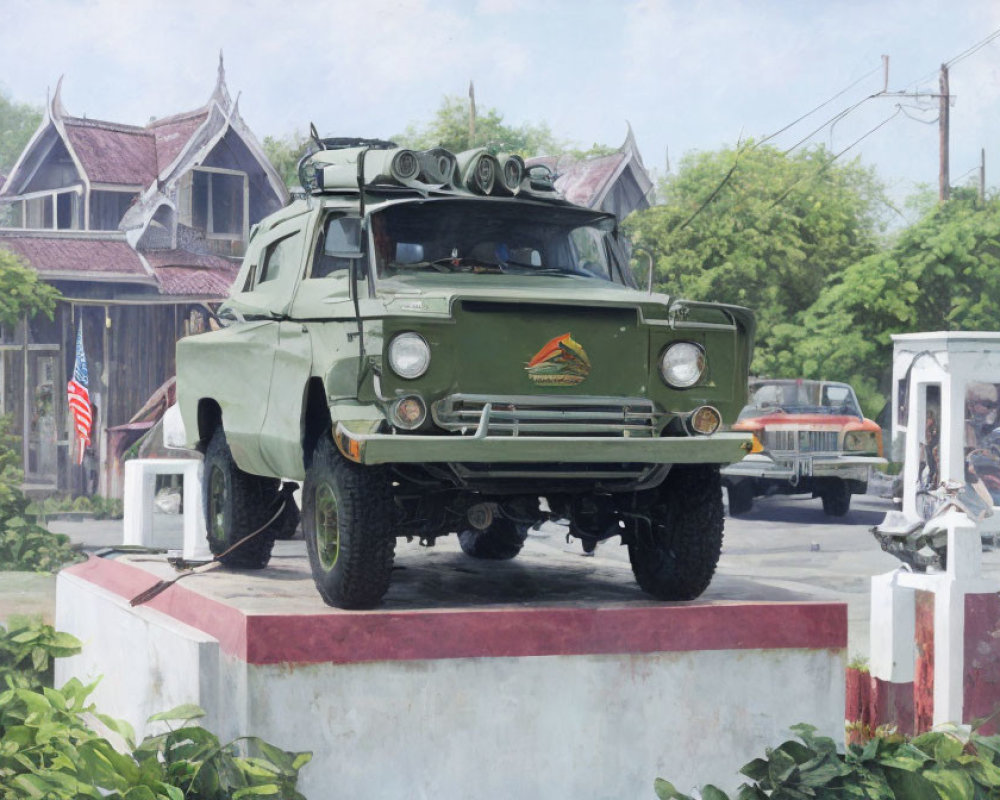 Vintage Green Military Truck Displayed Against Lush Greenery