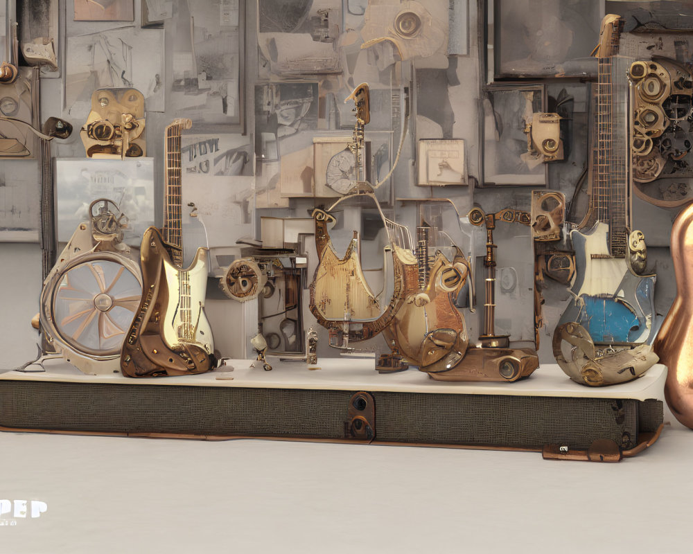 Steampunk-style letter-shaped musical instruments on display with vintage photos and mechanical parts.