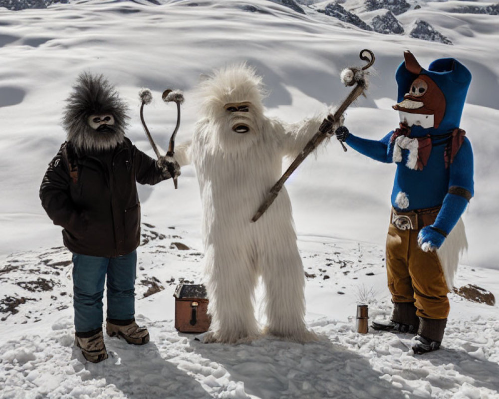 Three Costumed Characters on Snow-Covered Terrain