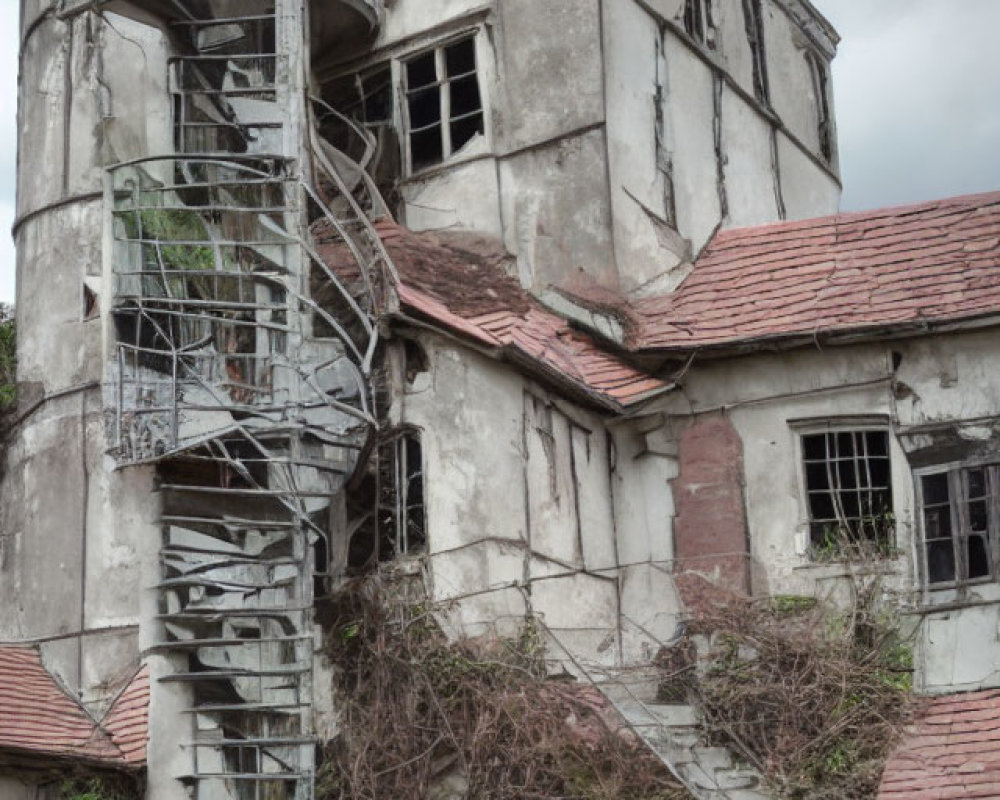 Dilapidated multi-story building with exterior spiral staircase