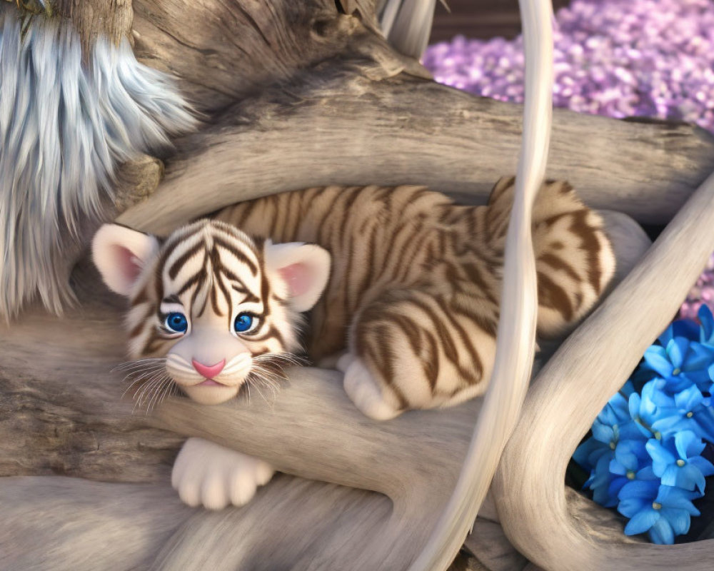 White Tiger Cub with Blue Eyes Resting on Tree Branch Among Purple and Blue Flowers