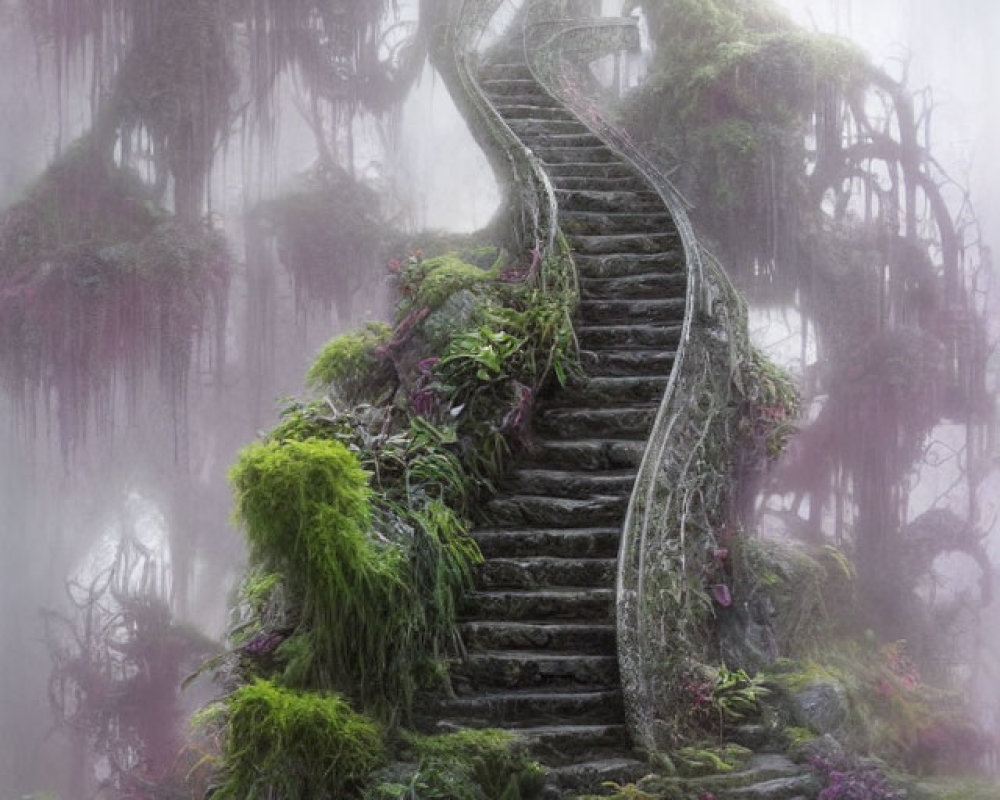 Mystical stone staircase in foggy forest with moss and vines