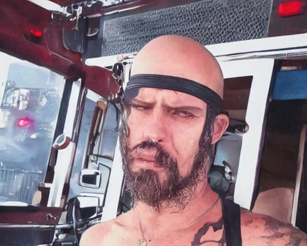 Tattooed man in headband sits shirtless in vehicle