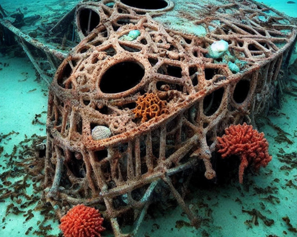 Sunken vehicle structure with coral growths on ocean floor
