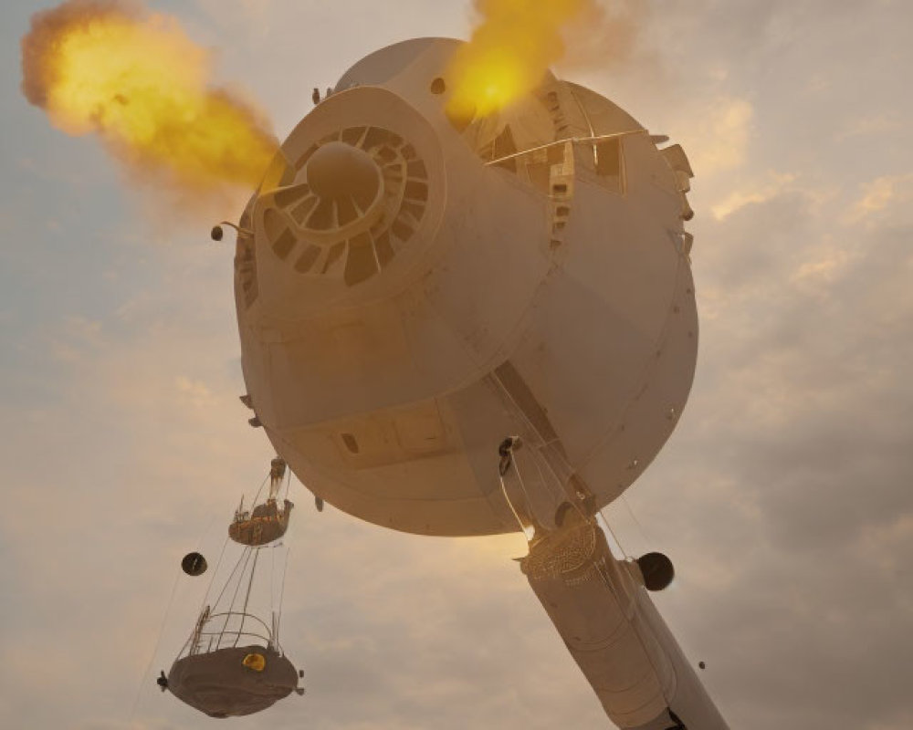 Steampunk airship with fiery engines in cloudy sky