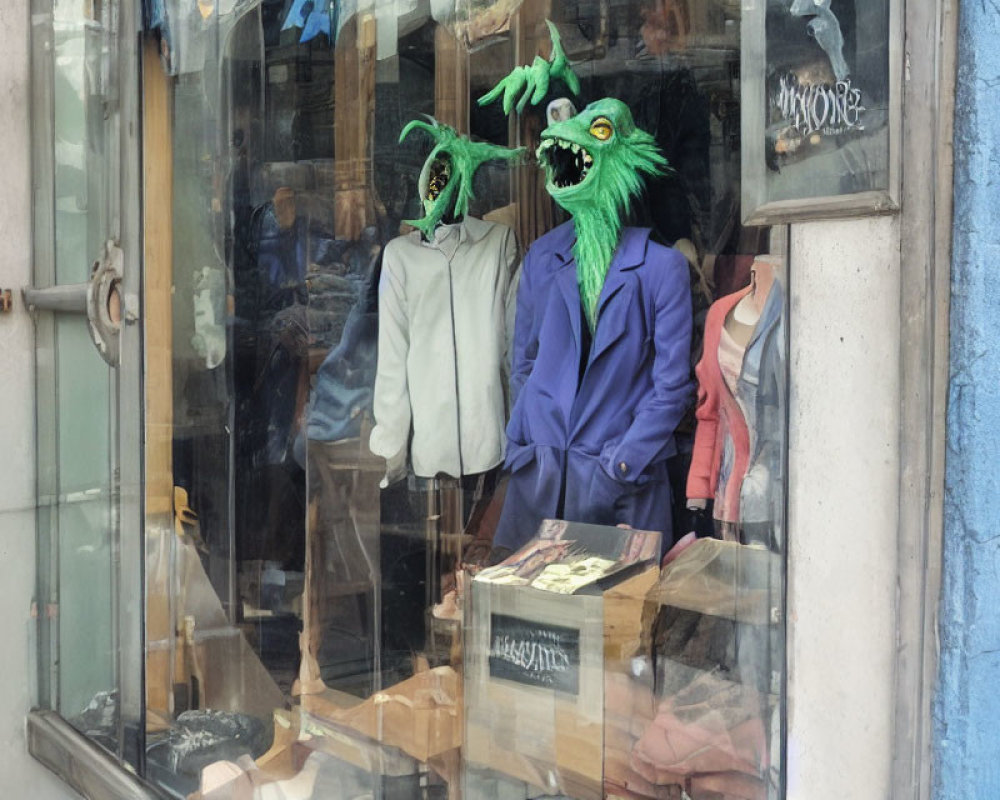 Display Window with Mannequins: Green Monster Suit & Vintage Clothing