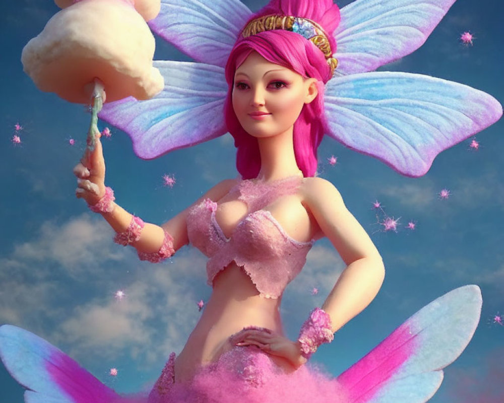 Whimsical pink fairy with cotton candy in 3D illustration