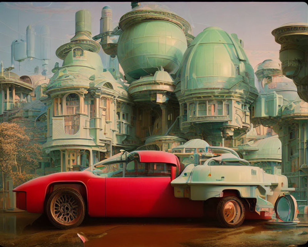Vintage cars and domed structures in pastel retro-futuristic cityscape