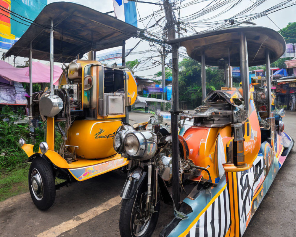 Colorful tuk-tuk parked on a busy street with overhead wires and shops.