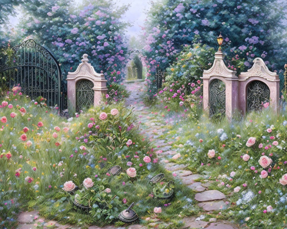 Tranquil garden scene with iron gate, cobblestone path, blooming roses, greenery