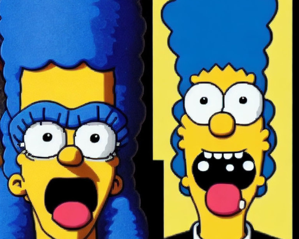 Cartoon characters with blue hair and yellow skin in split image