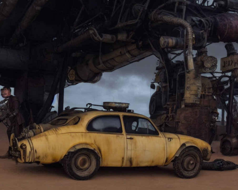 Dystopian-style yellow vehicle driving in barren landscape