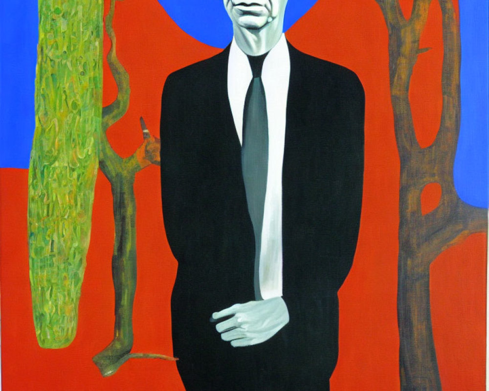 Surreal painting of man with elongated neck in black suit on blue background