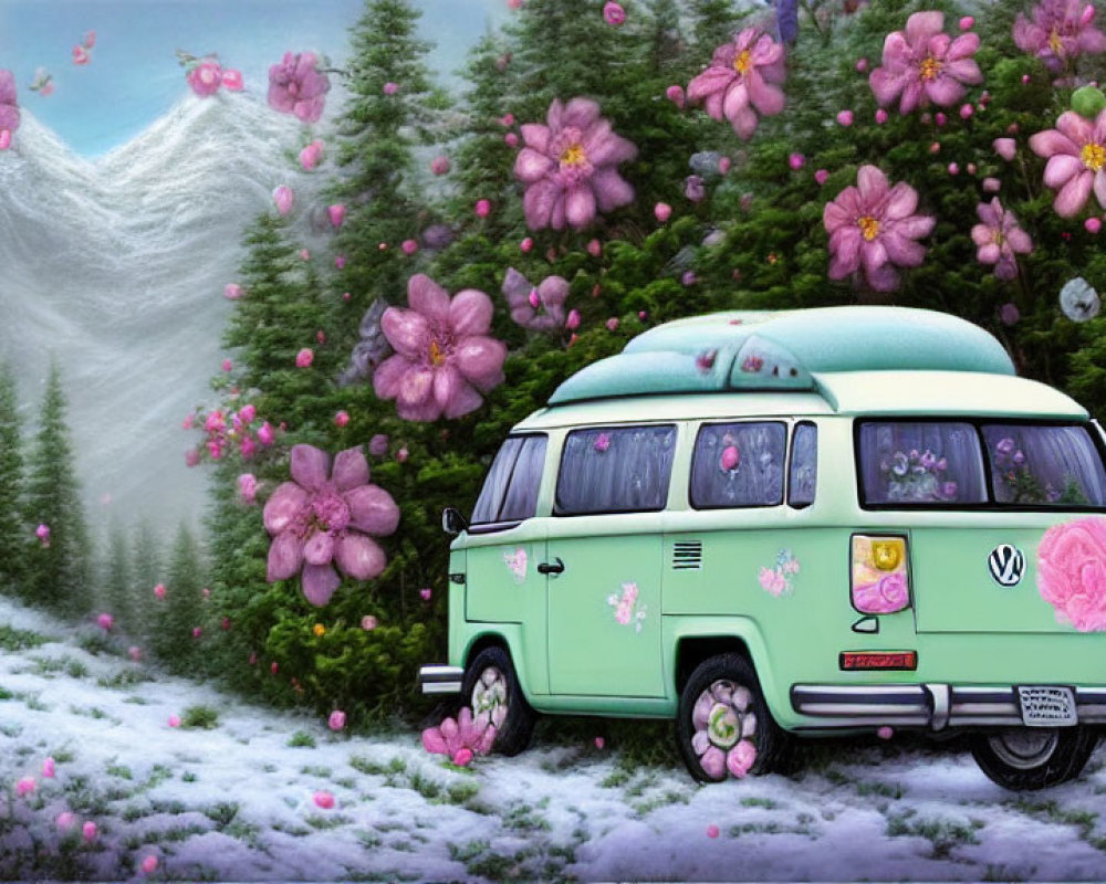 Vintage Green and White Volkswagen Van with Pink Flowers on Snowy Ground