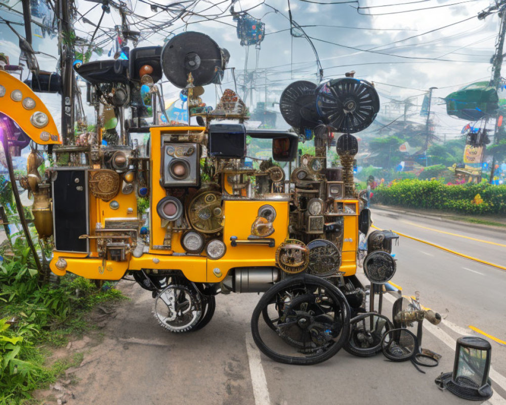 Vintage three-wheeler adorned with horns, lamps, and metallic ornaments parked by roadside.