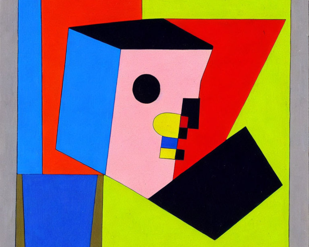 Geometric Abstract Painting of Stylized Face in Blue, Red, Yellow, and Black