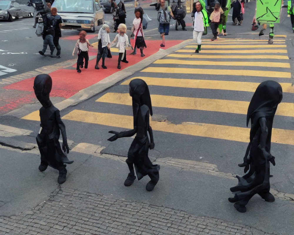 Exaggerated Costumed Figures Crossing Street in Cityscape
