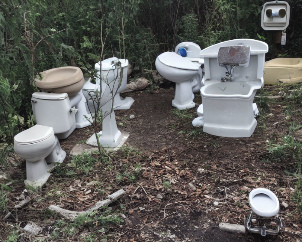 Discarded toilets and sink in outdoor setting with wild vegetation.