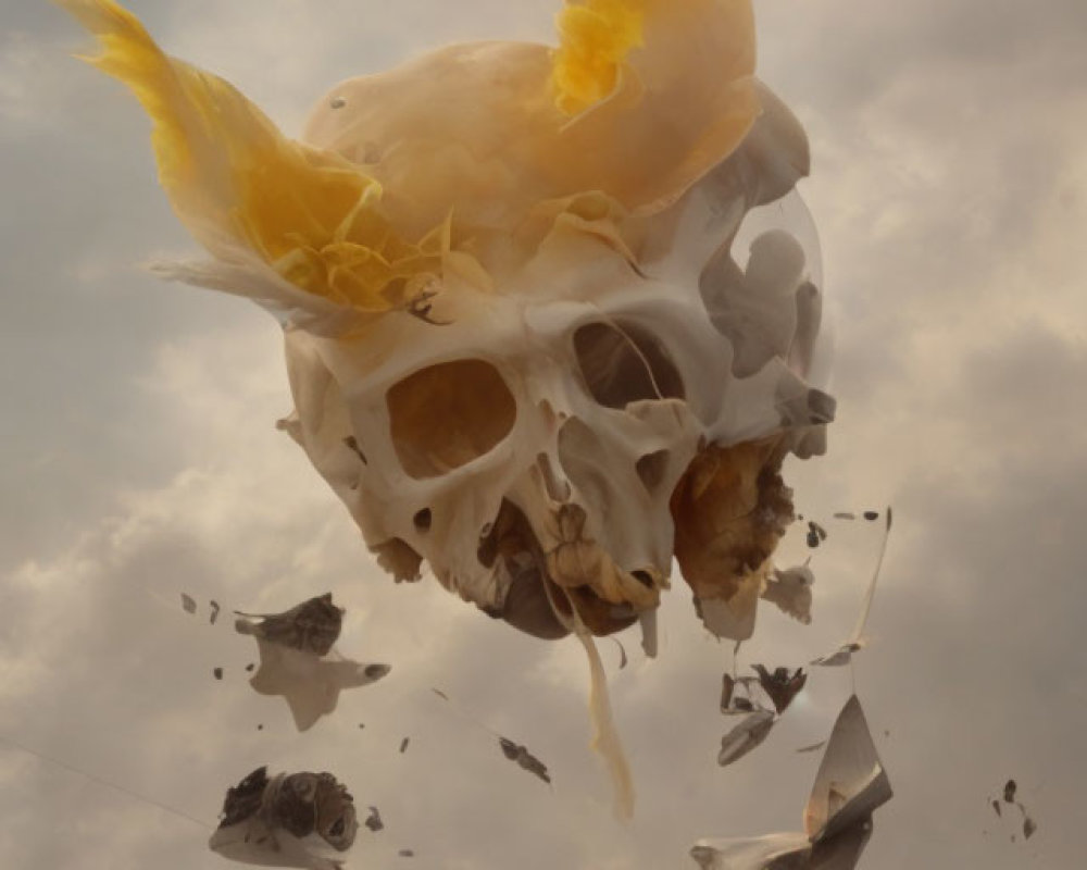 Surreal disintegrating skull against cloudy sky with floating parts.