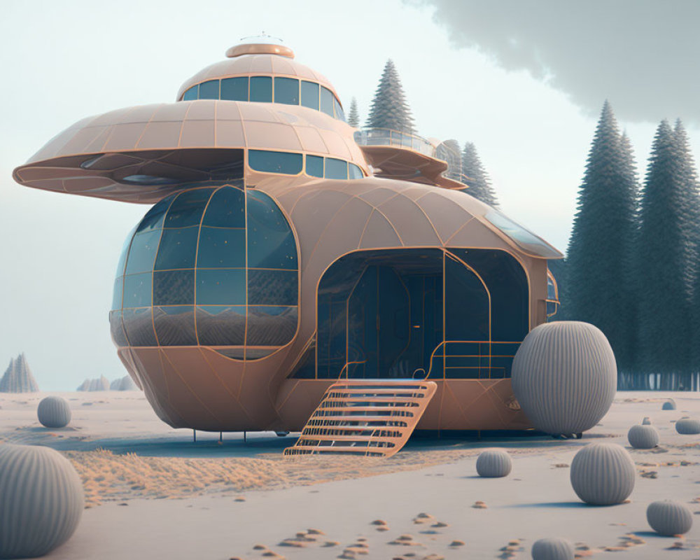 Spherical futuristic house with large windows in snowy landscape
