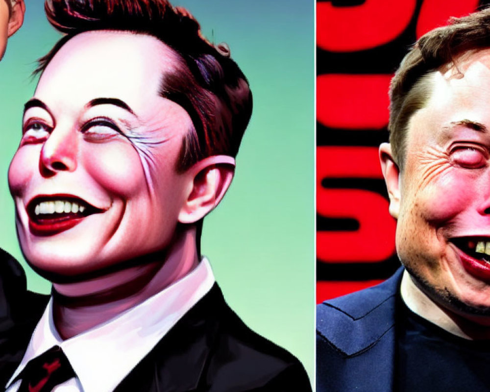 Two similar caricature illustrations of a man, one in a suit smiling against a red-tinted