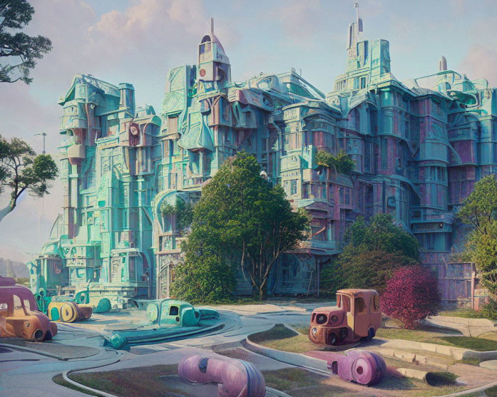 Pastel Blue and Pink Futuristic Cityscape with Whimsical Vehicles