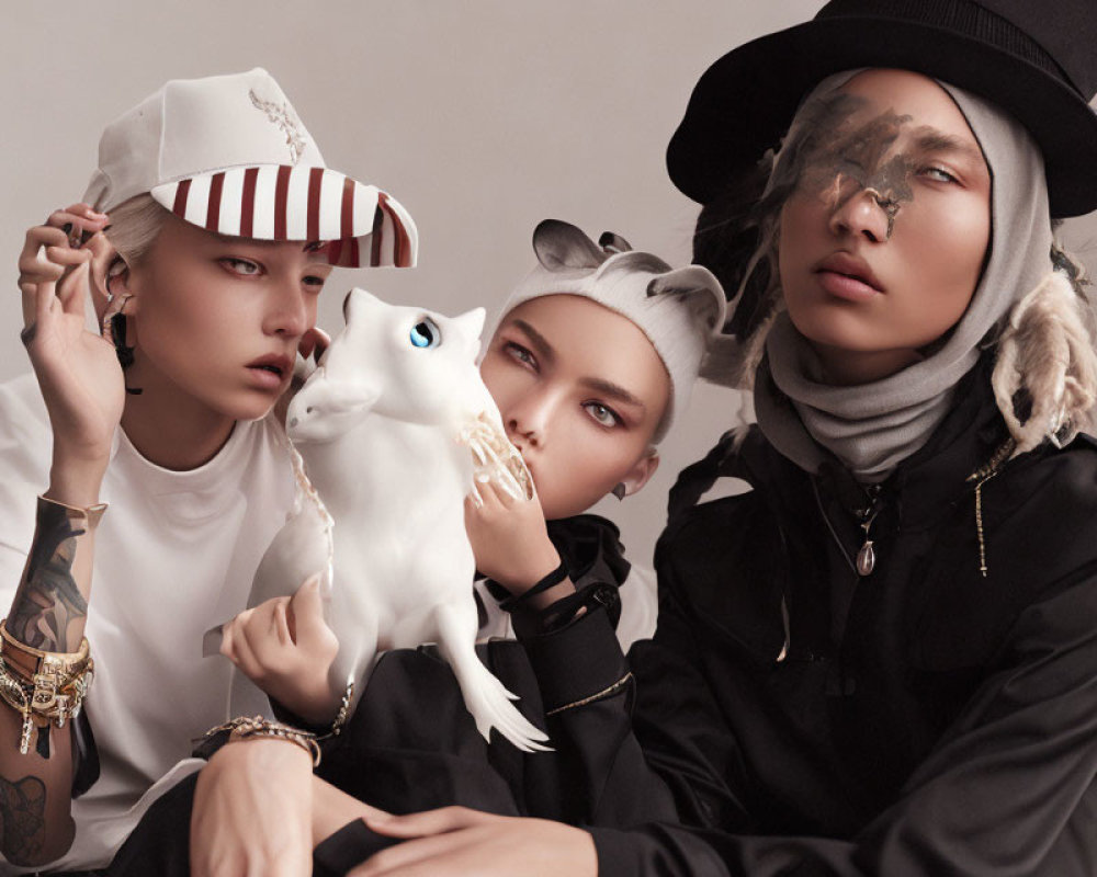 Fashionable Trio Poses with White CGI Cat in Stylish Hats