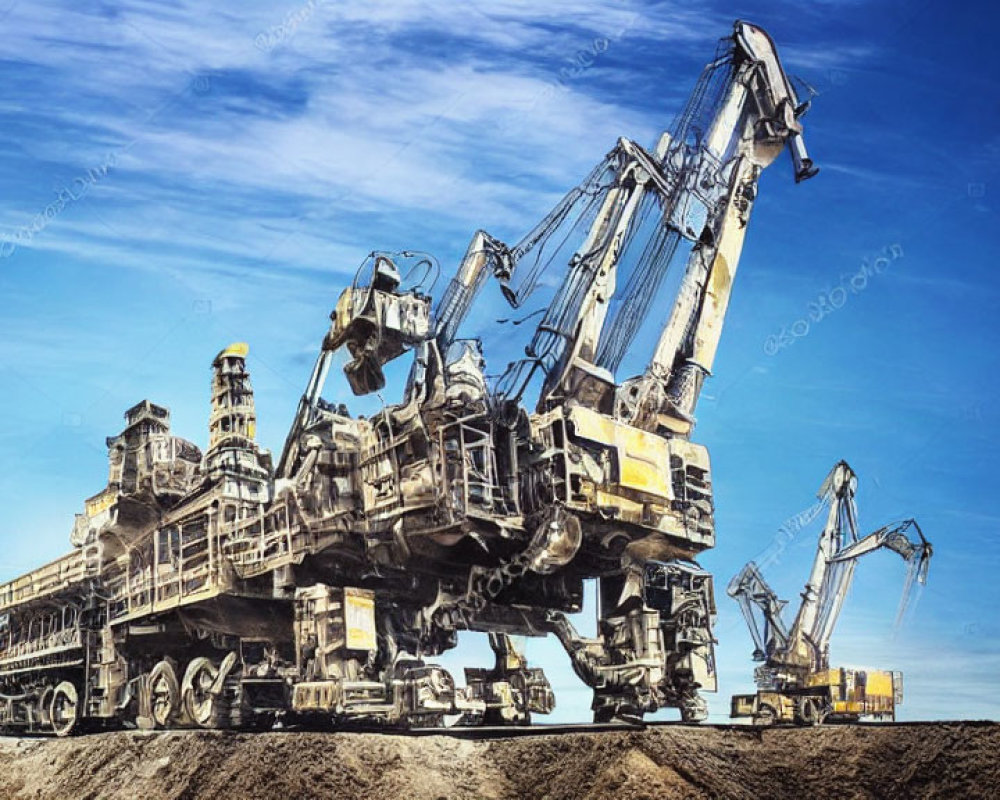 Giant bucket-wheel excavator in mining operation with cranes under clear blue sky