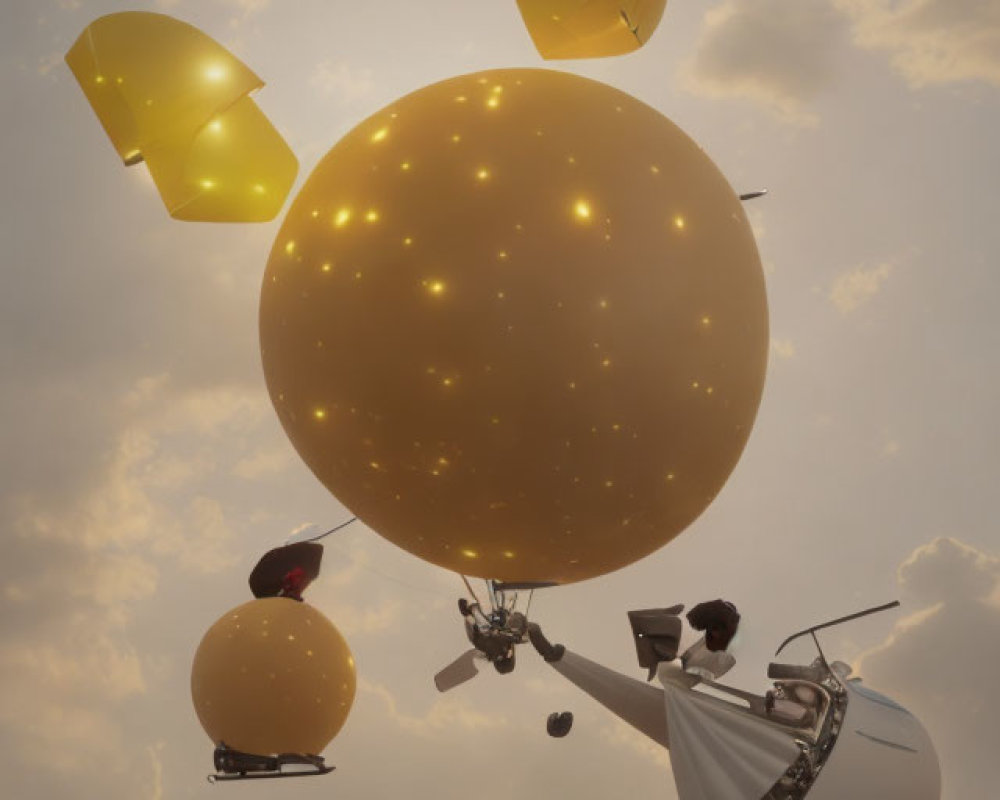Whimsical balloon and mechanical contraption under cloudy sky