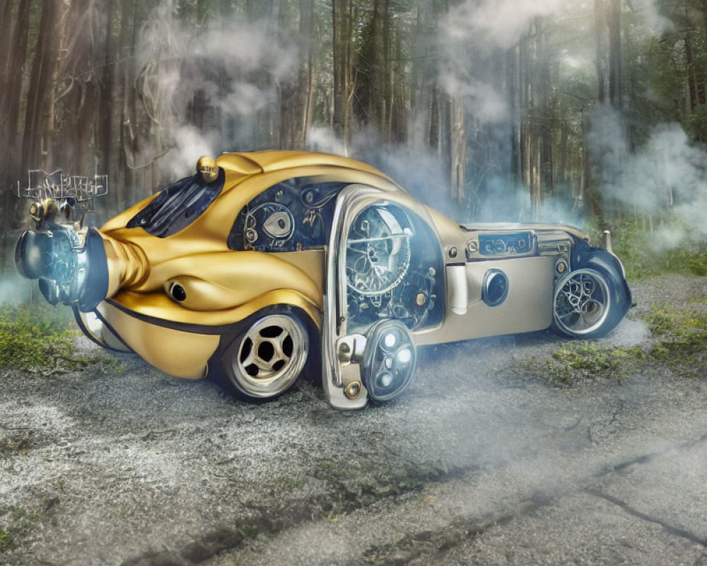 Steampunk-style vehicle in misty forest with brass and copper tones