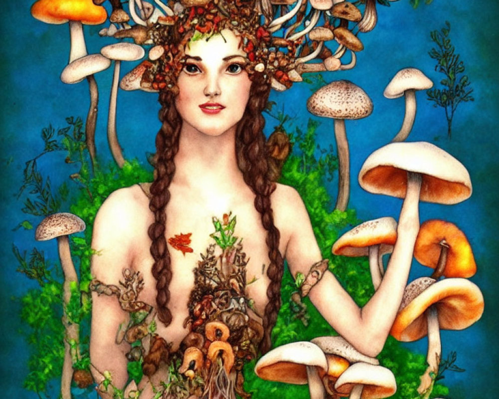 Fantasy illustration of a woman with mushroom crown in magical forest