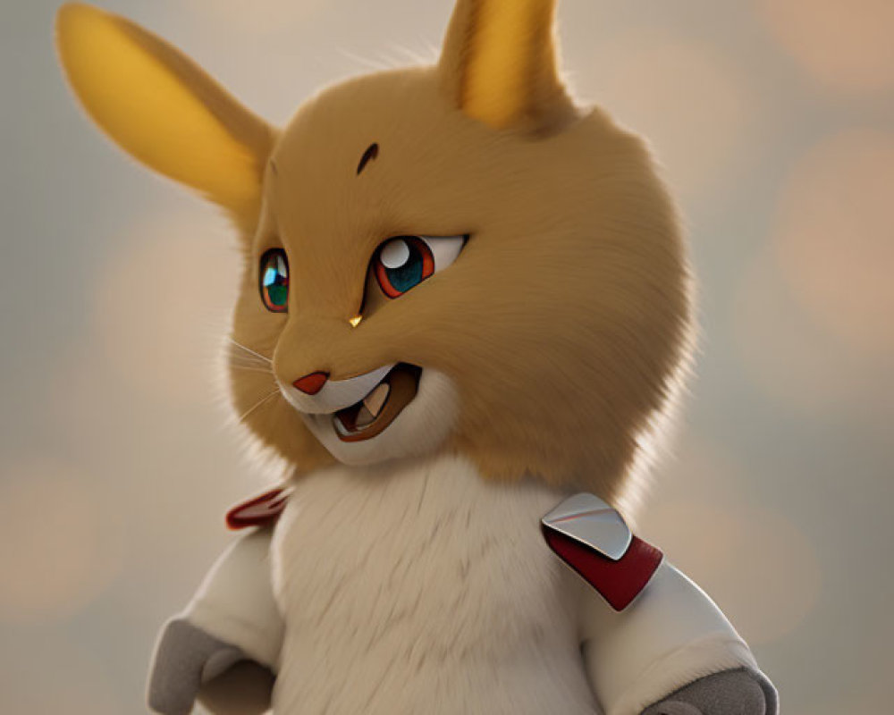 Yellow and White Fox-Like Creature with Big Ears and Blue Eyes wearing Red and White Collar