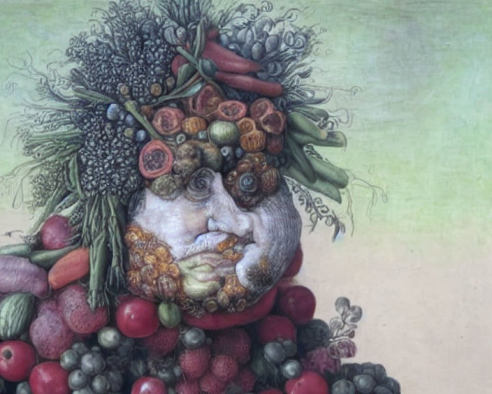Colorful surreal portrait made of fruits and vegetables.