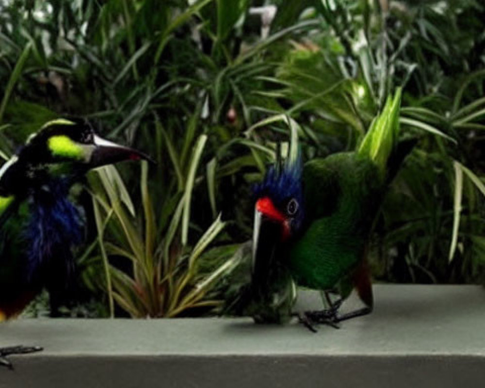 Vibrant parrots on ledge with lush green foliage